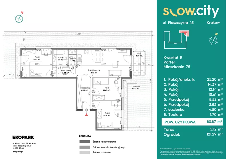 4 pokoje, mieszkanie 80,87 m², parter, oferta nr E-75, Slow City - Etap E, Kraków, Prądnik Biały, ul. Piaszczysta 43