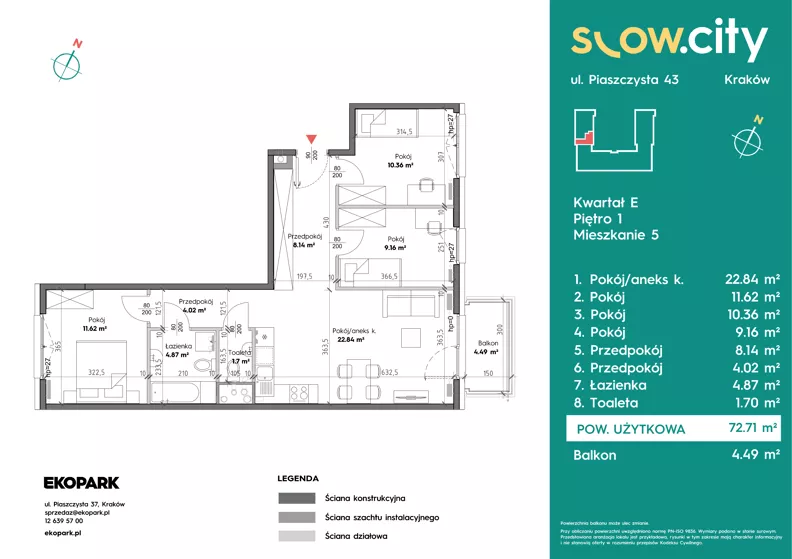 4 pokoje, mieszkanie 72,71 m², piętro 1, oferta nr E-5, Slow City - Etap E, Kraków, Prądnik Biały, ul. Piaszczysta 43