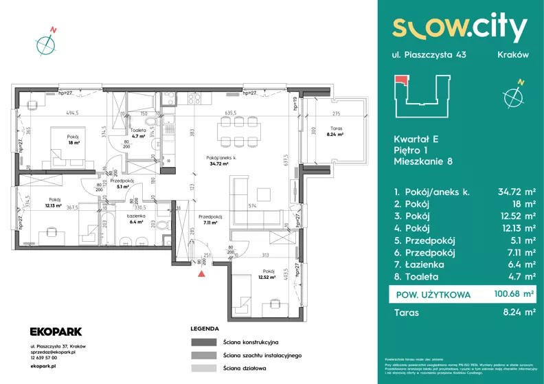 4 pokoje, mieszkanie 100,68 m², piętro 1, oferta nr E-8, Slow City - Etap E, Kraków, Prądnik Biały, ul. Piaszczysta 43