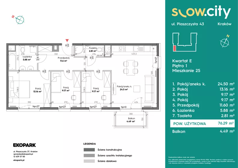 4 pokoje, mieszkanie 76,29 m², piętro 1, oferta nr E-25, Slow City - Etap E, Kraków, Prądnik Biały, ul. Piaszczysta 43