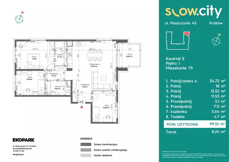 4 pokoje, mieszkanie 99,32 m², piętro 1, oferta nr E-79, Slow City - Etap E, Kraków, Prądnik Biały, ul. Piaszczysta 43