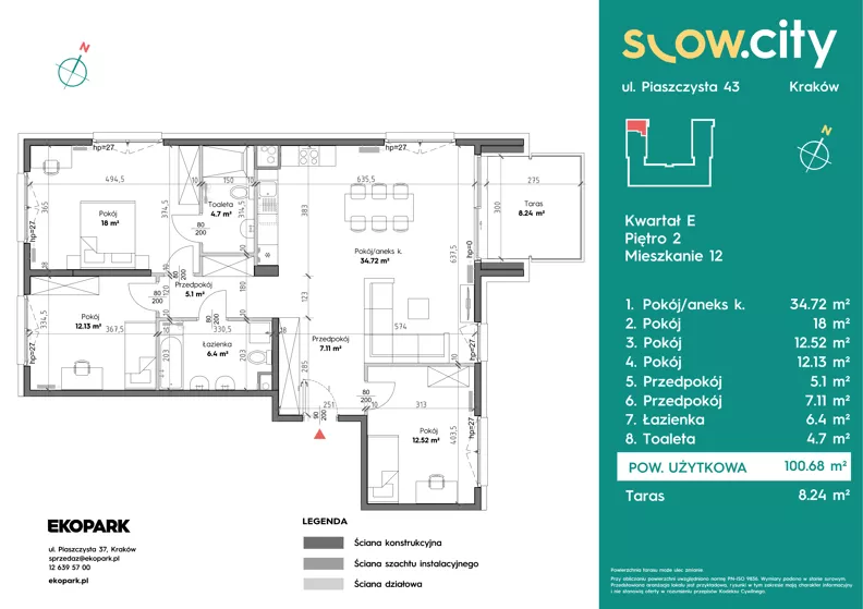 4 pokoje, mieszkanie 100,68 m², piętro 2, oferta nr E-12, Slow City - Etap E, Kraków, Prądnik Biały, ul. Piaszczysta 43