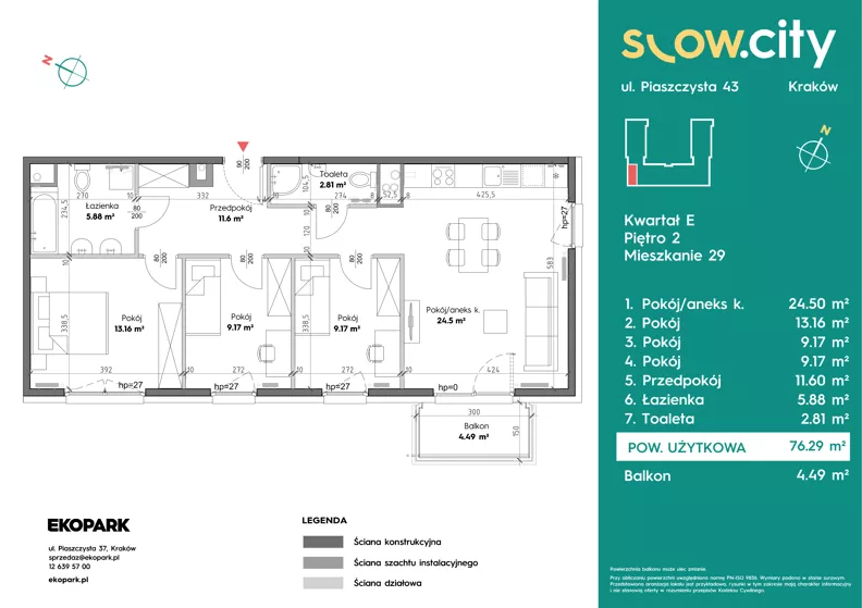 4 pokoje, mieszkanie 76,29 m², piętro 2, oferta nr E-29, Slow City - Etap E, Kraków, Prądnik Biały, ul. Piaszczysta 43