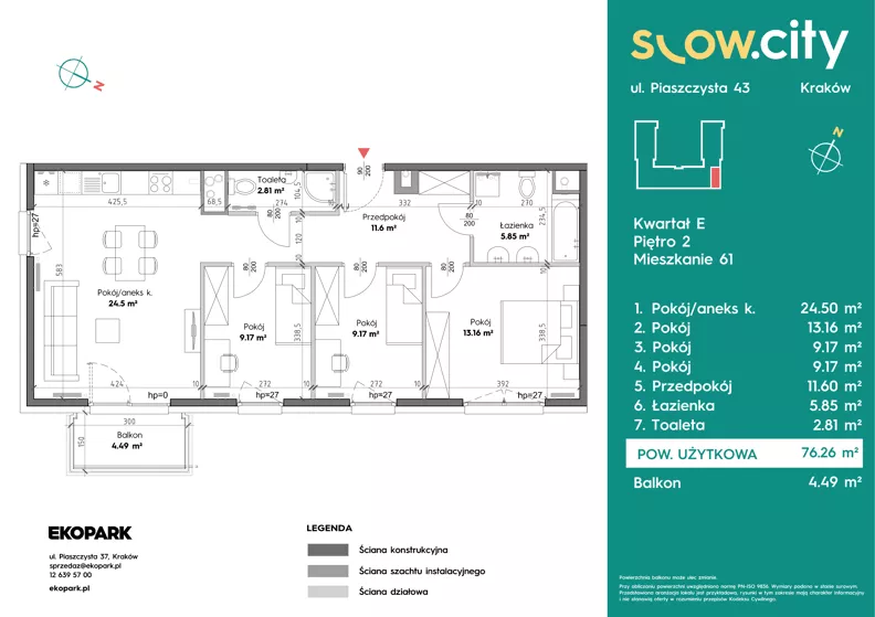 4 pokoje, mieszkanie 76,29 m², piętro 2, oferta nr E-61, Slow City - Etap E, Kraków, Prądnik Biały, ul. Piaszczysta 43