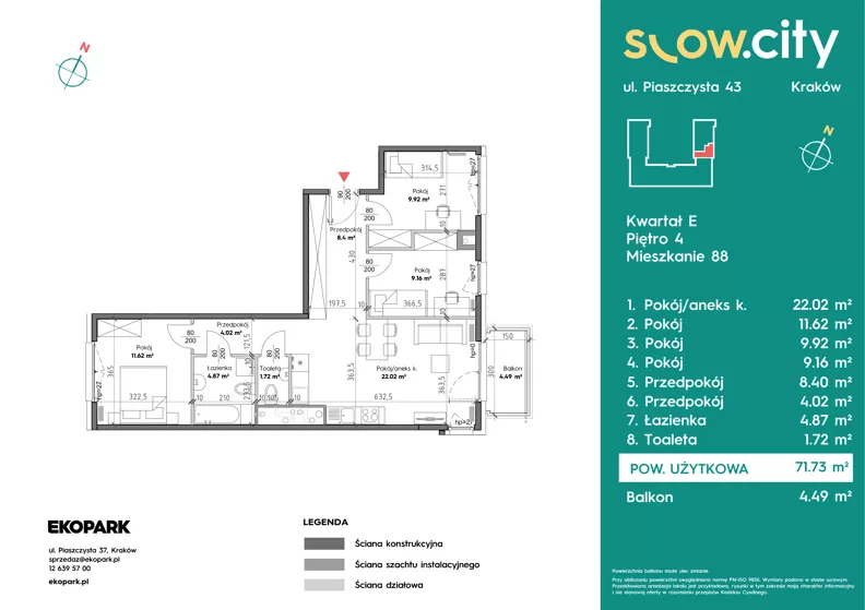 4 pokoje, mieszkanie 71,73 m², piętro 4, oferta nr E-88, Slow City - Etap E, Kraków, Prądnik Biały, ul. Piaszczysta 43