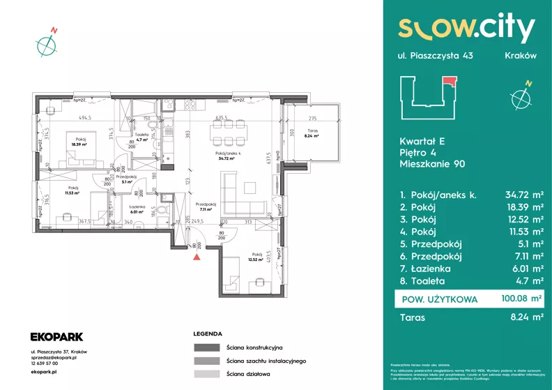 4 pokoje, mieszkanie 100,08 m², piętro 4, oferta nr E-90, Slow City - Etap E, Kraków, Prądnik Biały, ul. Piaszczysta 43