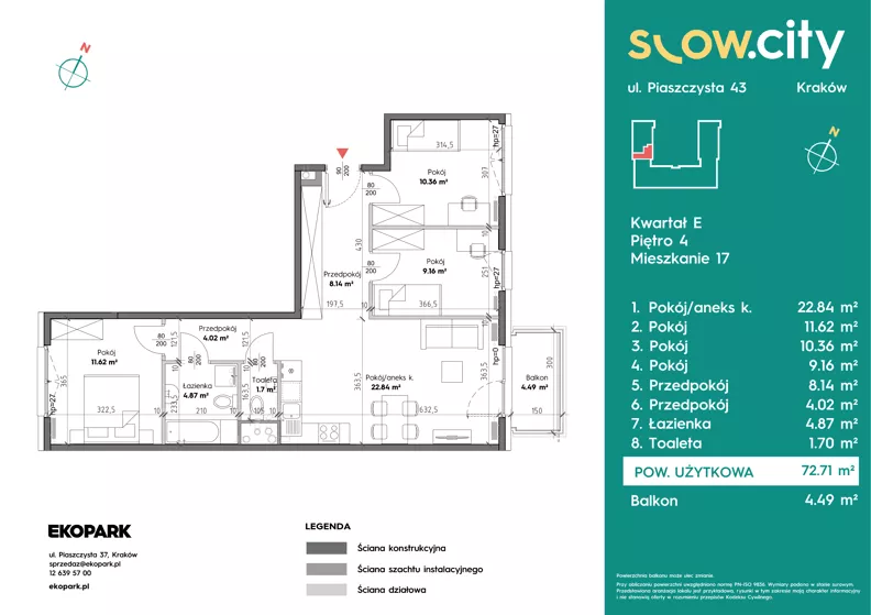 4 pokoje, mieszkanie 72,71 m², piętro 4, oferta nr E-17, Slow City - Etap E, Kraków, Prądnik Biały, ul. Piaszczysta 43
