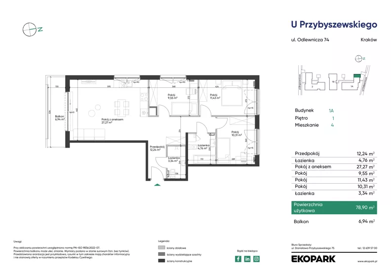 4 pokoje, mieszkanie 78,90 m², piętro 1, oferta nr 1A_M4, U Przybyszewskiego IV, Kraków, Krowodrza, ul. Przybyszewskiego