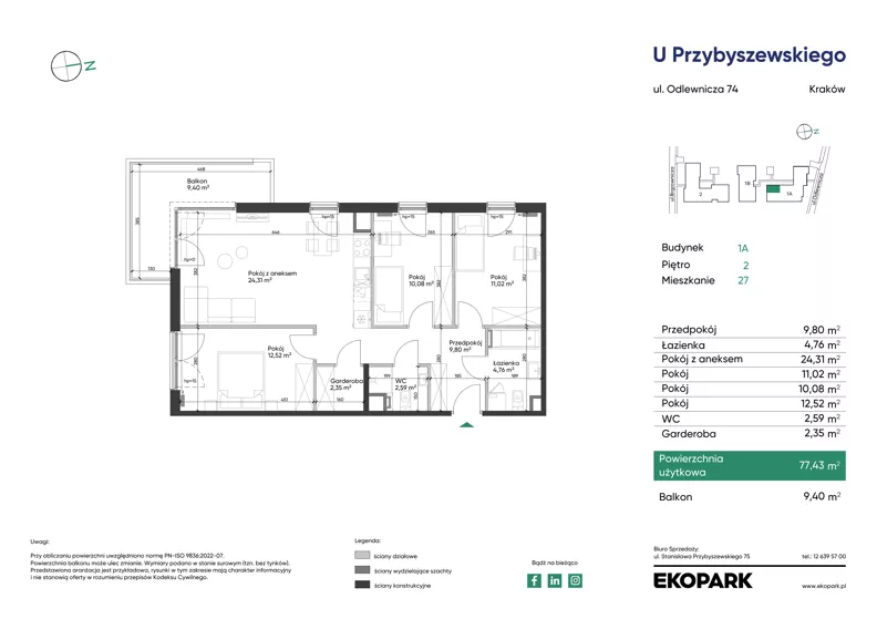 4 pokoje, mieszkanie 77,43 m², piętro 2, oferta nr 1A_M27, U Przybyszewskiego IV, Kraków, Krowodrza, ul. Przybyszewskiego