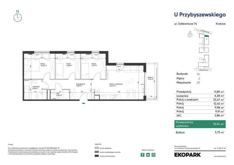 4 pokoje, mieszkanie 76,94 m², piętro 3, oferta nr 1A_M29, U Przybyszewskiego IV, Kraków, Krowodrza, ul. Przybyszewskiego