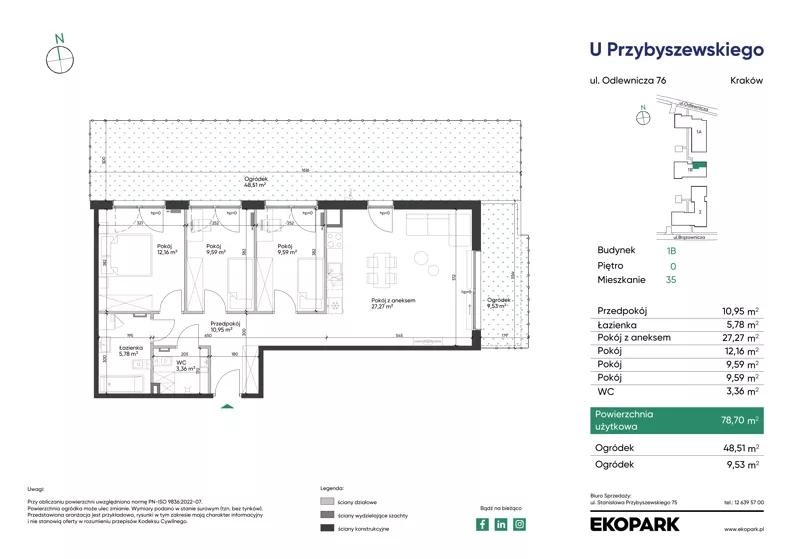 4 pokoje, mieszkanie 78,70 m², parter, oferta nr 1B_M35, U Przybyszewskiego IV, Kraków, Krowodrza, ul. Przybyszewskiego
