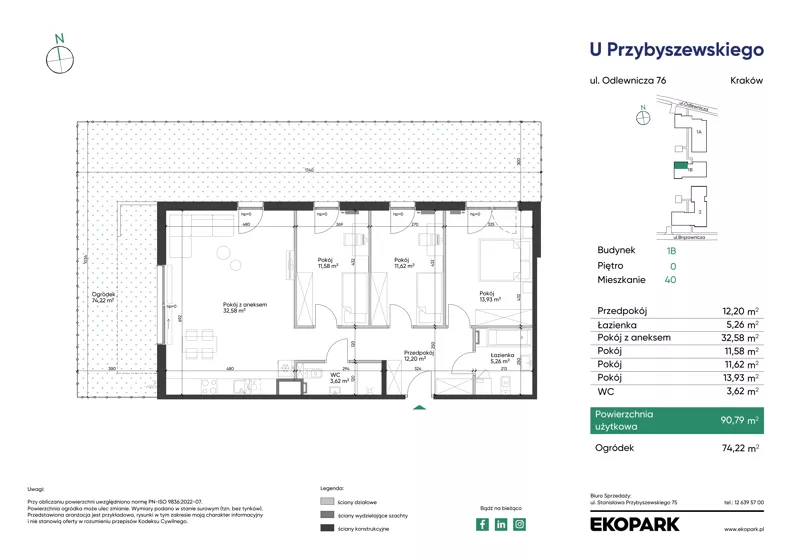 4 pokoje, mieszkanie 90,79 m², parter, oferta nr 1B_M40, U Przybyszewskiego IV, Kraków, Krowodrza, ul. Przybyszewskiego