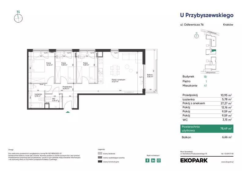 4 pokoje, mieszkanie 78,49 m², piętro 1, oferta nr 1B_M41, U Przybyszewskiego IV, Kraków, Krowodrza, ul. Przybyszewskiego