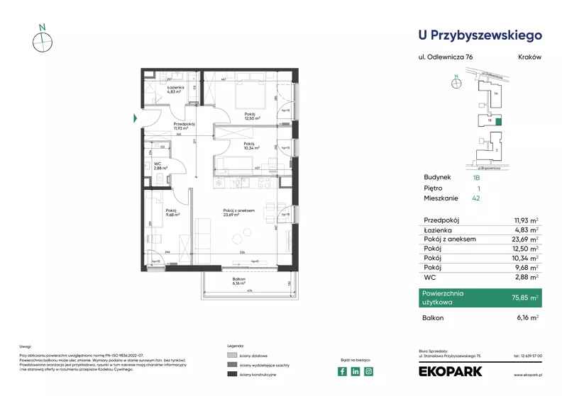 4 pokoje, mieszkanie 75,85 m², piętro 1, oferta nr 1B_M42, U Przybyszewskiego IV, Kraków, Krowodrza, ul. Przybyszewskiego