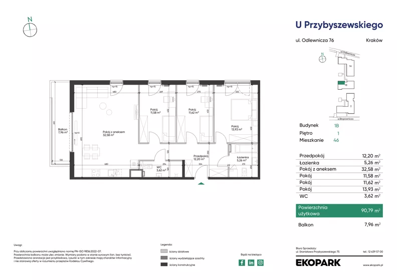 4 pokoje, mieszkanie 90,79 m², piętro 1, oferta nr 1B_M46, U Przybyszewskiego IV, Kraków, Krowodrza, ul. Przybyszewskiego