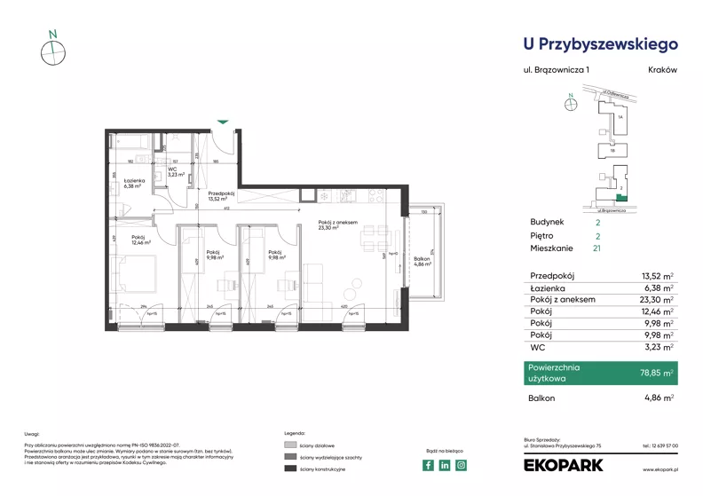 4 pokoje, mieszkanie 78,85 m², piętro 2, oferta nr 2_M21, U Przybyszewskiego IV, Kraków, Krowodrza, ul. Przybyszewskiego