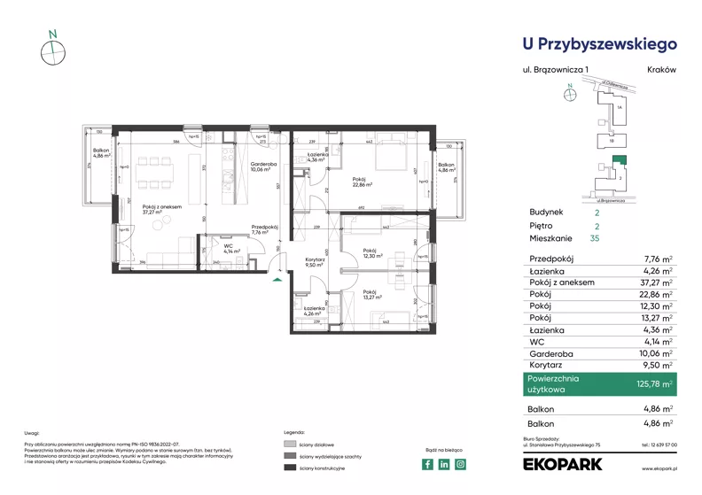 4 pokoje, mieszkanie 125,78 m², piętro 2, oferta nr 2_M35, U Przybyszewskiego IV, Kraków, Krowodrza, ul. Przybyszewskiego