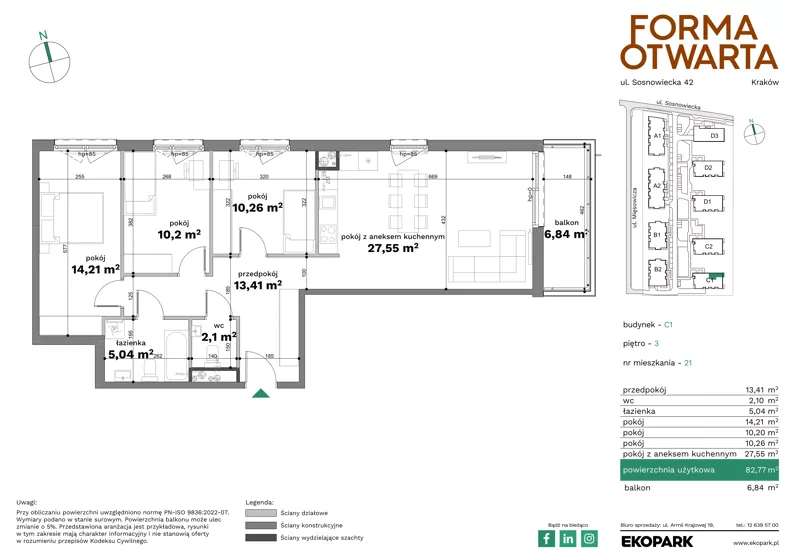 4 pokoje, mieszkanie 82,77 m², piętro 3, oferta nr C1-21, Forma Otwarta - Etap C, Kraków, Bronowice, Bronowice Wielkie, ul. Sosnowiecka