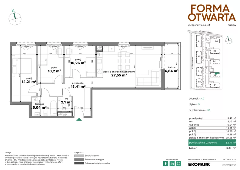 4 pokoje, mieszkanie 82,77 m², piętro 5, oferta nr C2-35, Forma Otwarta - Etap C, Kraków, Bronowice, Bronowice Wielkie, ul. Sosnowiecka