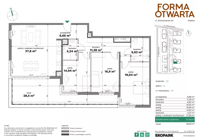 4 pokoje, mieszkanie 117,18 m², piętro 6, oferta nr C2-44, Forma Otwarta - Etap C, Kraków, Bronowice, Bronowice Wielkie, ul. Sosnowiecka