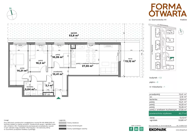 4 pokoje, mieszkanie 82,77 m², parter, oferta nr C2-1, Forma Otwarta - Etap C, Kraków, Bronowice, Bronowice Wielkie, ul. Sosnowiecka