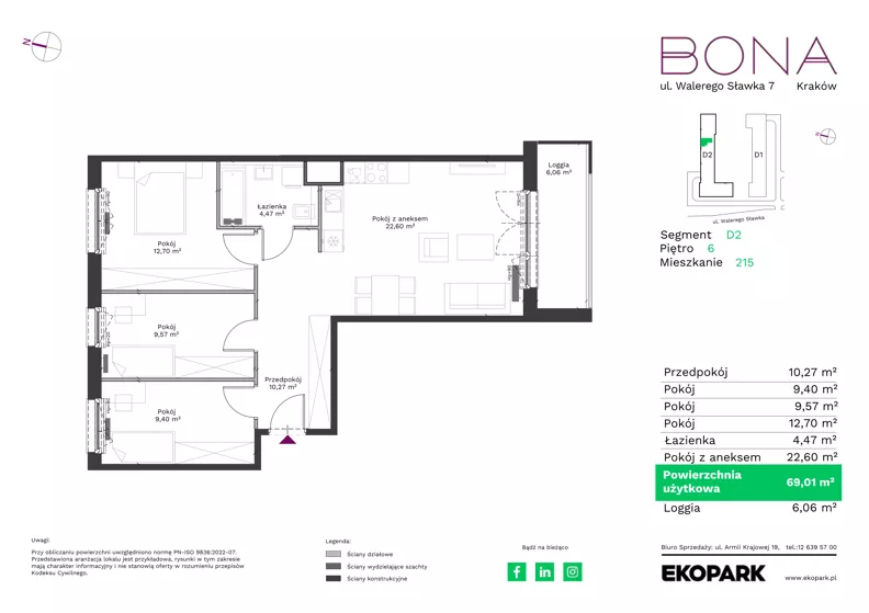 4 pokoje, mieszkanie 69,01 m², piętro 6, oferta nr 215, BONA, Kraków, Podgórze Duchackie, ul. Walerego Sławka 7