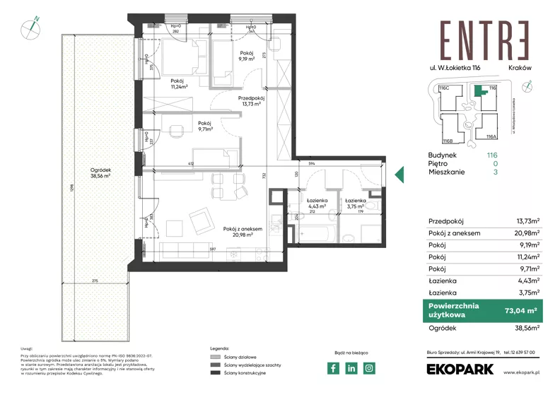 4 pokoje, mieszkanie 73,04 m², parter, oferta nr 116-M03, Entre, Kraków, Prądnik Biały, ul. Władysława Łokietka 116