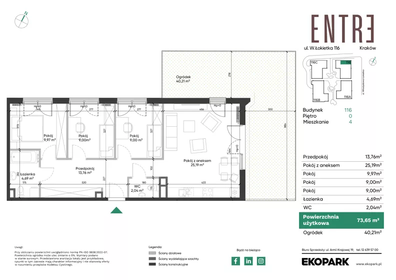 4 pokoje, mieszkanie 73,65 m², parter, oferta nr 116-M04, Entre, Kraków, Prądnik Biały, ul. Władysława Łokietka 116