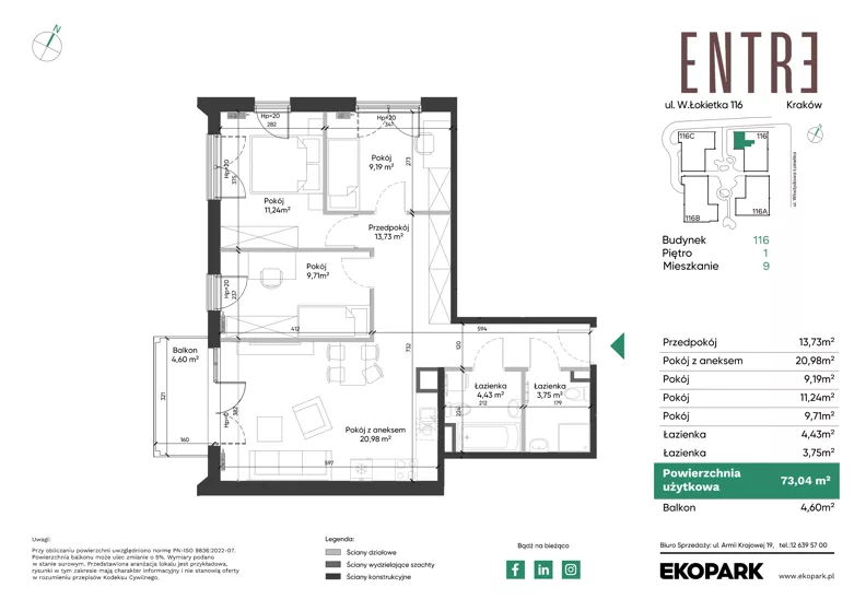 4 pokoje, mieszkanie 73,04 m², piętro 1, oferta nr 116-M09, Entre, Kraków, Prądnik Biały, ul. Władysława Łokietka 116