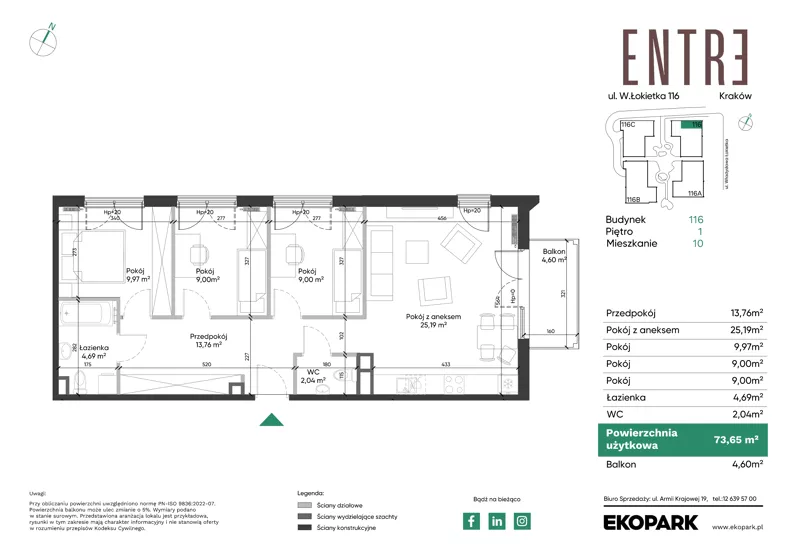 4 pokoje, mieszkanie 73,65 m², piętro 1, oferta nr 116-M10, Entre, Kraków, Prądnik Biały, ul. Władysława Łokietka 116
