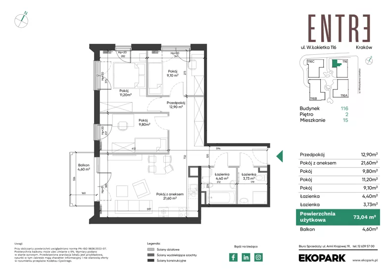 4 pokoje, mieszkanie 73,04 m², piętro 2, oferta nr 116-M15, Entre, Kraków, Prądnik Biały, ul. Władysława Łokietka 116