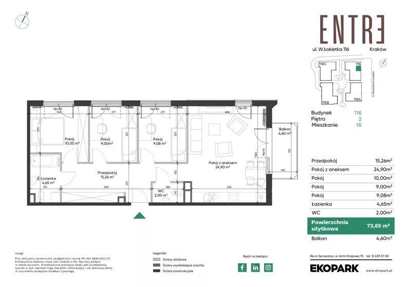 4 pokoje, mieszkanie 73,65 m², piętro 2, oferta nr 116-M16, Entre, Kraków, Prądnik Biały, ul. Władysława Łokietka 116