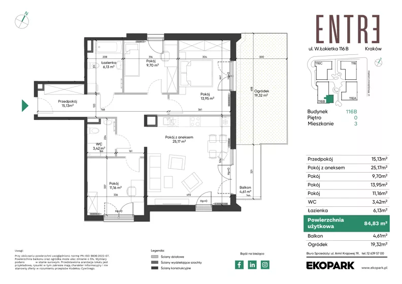 4 pokoje, mieszkanie 84,83 m², parter, oferta nr 116B-M03, Entre, Kraków, Prądnik Biały, ul. Władysława Łokietka 116