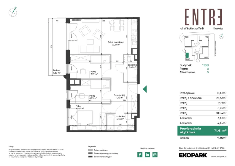 4 pokoje, mieszkanie 71,61 m², parter, oferta nr 116B-M05, Entre, Kraków, Prądnik Biały, ul. Władysława Łokietka 116