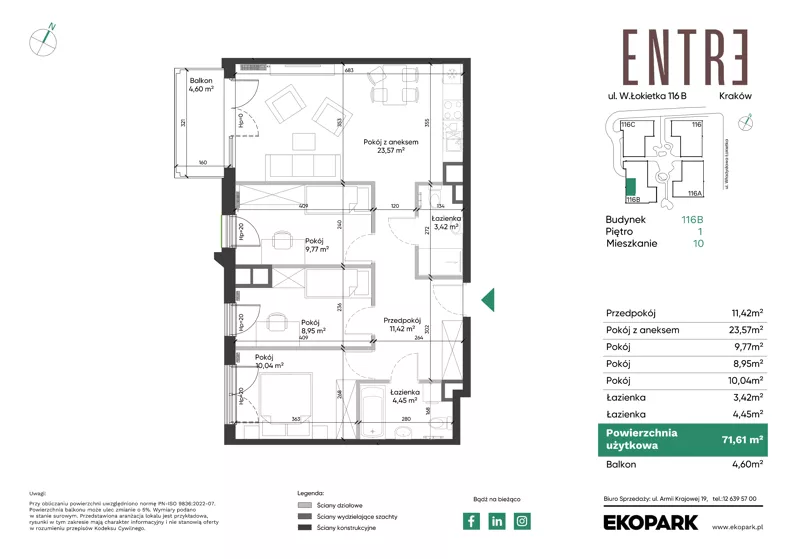 4 pokoje, mieszkanie 71,61 m², piętro 1, oferta nr 116B-M10, Entre, Kraków, Prądnik Biały, ul. Władysława Łokietka 116