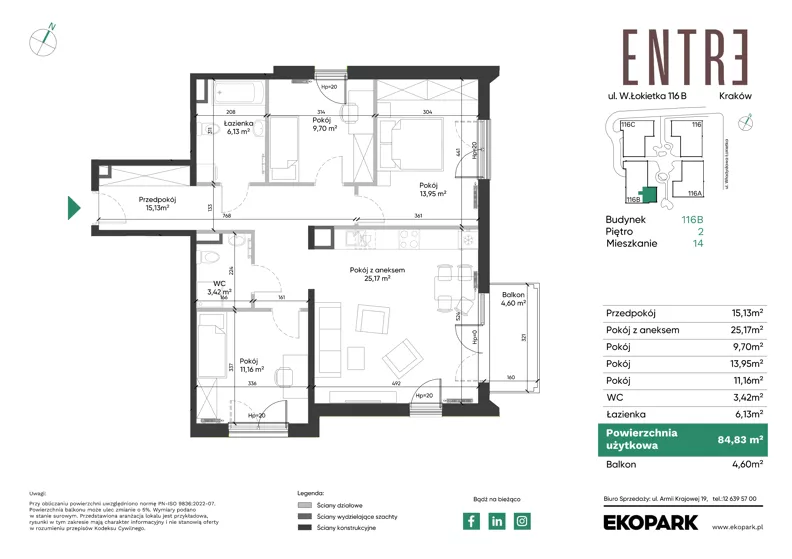 4 pokoje, mieszkanie 84,83 m², piętro 2, oferta nr 116B-M14, Entre, Kraków, Prądnik Biały, ul. Władysława Łokietka 116