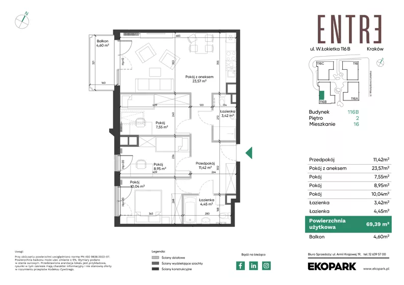 4 pokoje, mieszkanie 69,39 m², piętro 2, oferta nr 116B-M16, Entre, Kraków, Prądnik Biały, ul. Władysława Łokietka 116