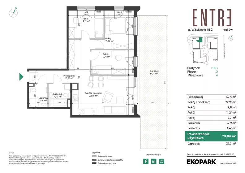 4 pokoje, mieszkanie 73,04 m², parter, oferta nr 116C-M04, Entre, Kraków, Prądnik Biały, ul. Władysława Łokietka 116