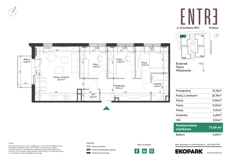 4 pokoje, mieszkanie 73,65 m², piętro 1, oferta nr 116C-M09, Entre, Kraków, Prądnik Biały, ul. Władysława Łokietka 116