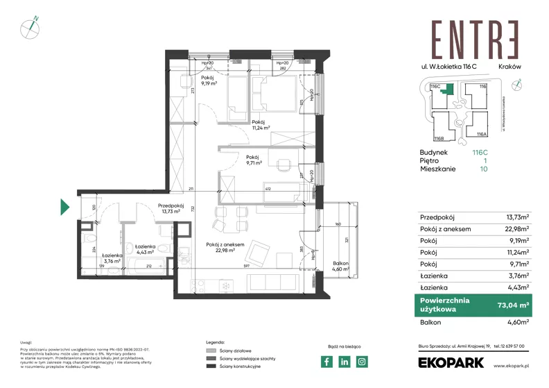 4 pokoje, mieszkanie 73,04 m², piętro 1, oferta nr 116C-M10, Entre, Kraków, Prądnik Biały, ul. Władysława Łokietka 116