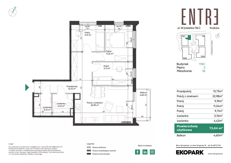 4 pokoje, mieszkanie 73,04 m², piętro 2, oferta nr 116C-M16, Entre, Kraków, Prądnik Biały, ul. Władysława Łokietka 116