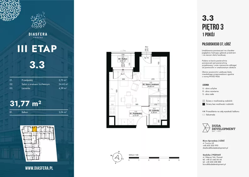 1 pokój, mieszkanie 31,77 m², piętro 3, oferta nr 3.3, Diasfera III, Łódź, Śródmieście, al. Piłsudskiego 37