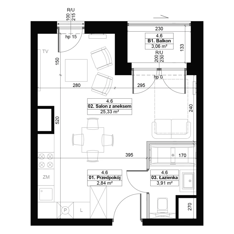 1 pokój, mieszkanie 32,14 m², piętro 4, oferta nr 4.6, Diasfera III, Łódź, Śródmieście, al. Piłsudskiego 37