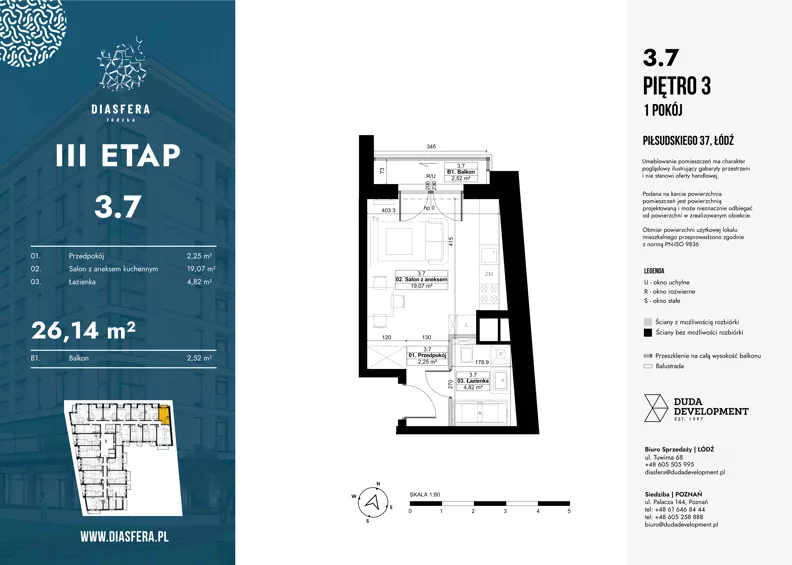 1 pokój, mieszkanie 26,14 m², piętro 3, oferta nr 3.7, Diasfera III, Łódź, Śródmieście, al. Piłsudskiego 37