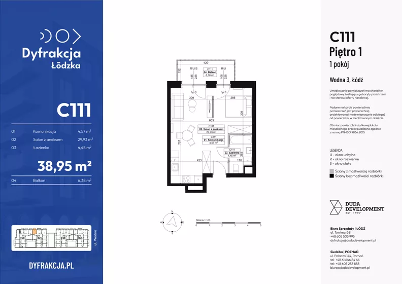 1 pokój, mieszkanie 38,95 m², piętro 1, oferta nr C111, Dyfrakcja Łódzka, Łódź, Widzew, ul. Wodna 3