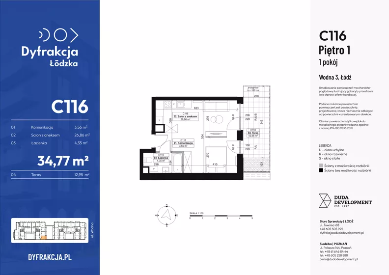 1 pokój, mieszkanie 34,77 m², piętro 1, oferta nr C116, Dyfrakcja Łódzka, Łódź, Widzew, ul. Wodna 3