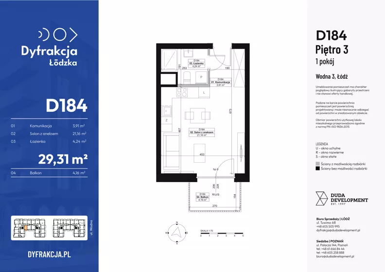 1 pokój, mieszkanie 29,31 m², piętro 3, oferta nr D184, Dyfrakcja Łódzka, Łódź, Widzew, ul. Wodna 3