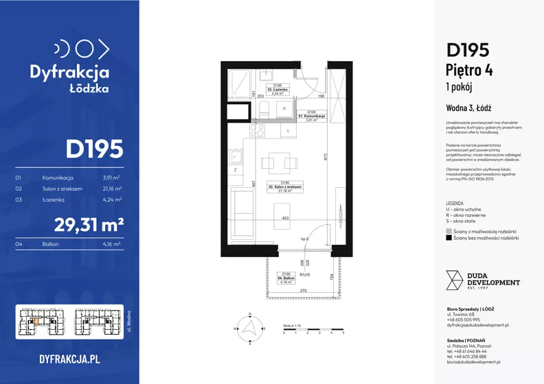1 pokój, mieszkanie 29,31 m², piętro 4, oferta nr D195, Dyfrakcja Łódzka, Łódź, Widzew, ul. Wodna 3