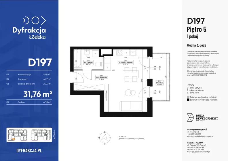 1 pokój, mieszkanie 31,76 m², piętro 5, oferta nr D197, Dyfrakcja Łódzka, Łódź, Widzew, ul. Wodna 3