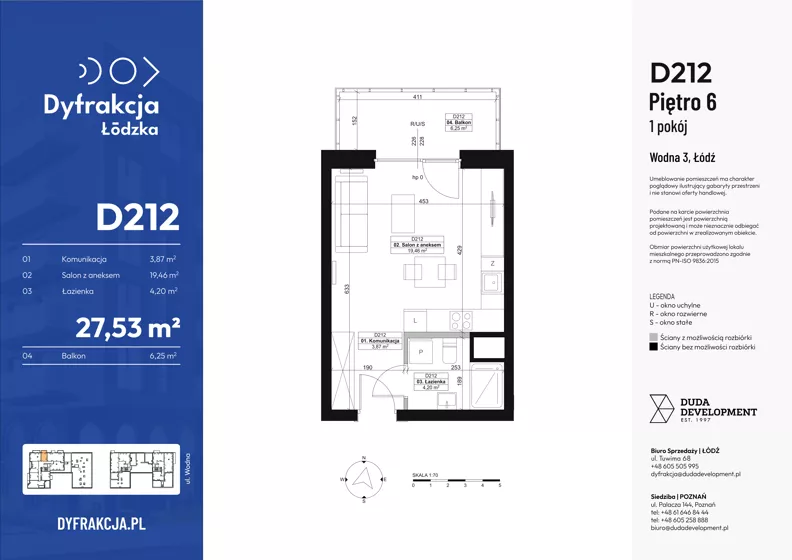 1 pokój, mieszkanie 27,53 m², piętro 6, oferta nr D212, Dyfrakcja Łódzka, Łódź, Widzew, ul. Wodna 3